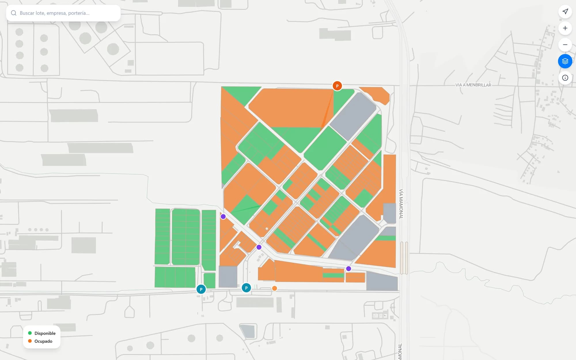 Mapa interactivo de Zona Franca La Candelaria con la capa de disponibilidad activa: lotes libres en verde y lotes ocupados en naranja.